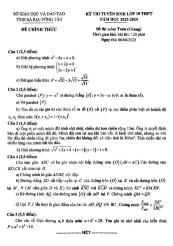 Kỳ thi tuyển sinh vào Lớp 10 THPT môn Toán - Năm học 2023-2024 - Sở GD&ĐT Bà Rịa-Vũng Tàu