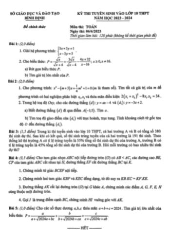 Kỳ thi tuyển sinh vào Lớp 10 THPT môn Toán - Năm học 2023-2024 - Sở GD&ĐT Bình Định (Có lời giải)
