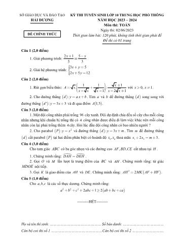 Kỳ thi tuyển sinh vào Lớp 10 THPT môn Toán - Năm học 2023-2024 - Sở GD&ĐT Hải Dương (Có hướng dẫn chấm)