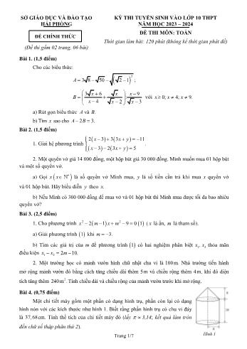 Kỳ thi tuyển sinh vào Lớp 10 THPT môn Toán - Năm học 2023-2024 - Sở GD&ĐT Hải Phòng (Có hướng dẫn chấm)