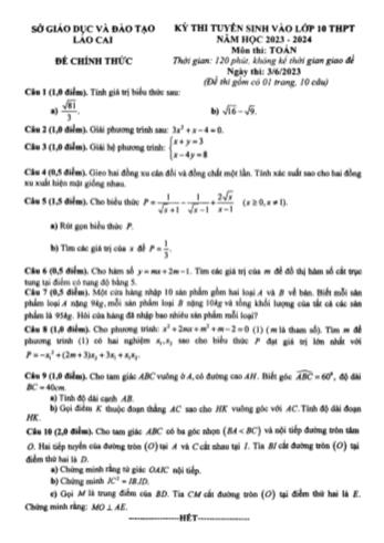 Kỳ thi tuyển sinh vào Lớp 10 THPT môn Toán - Năm học 2023-2024 - Sở GD&ĐT Lào Cai