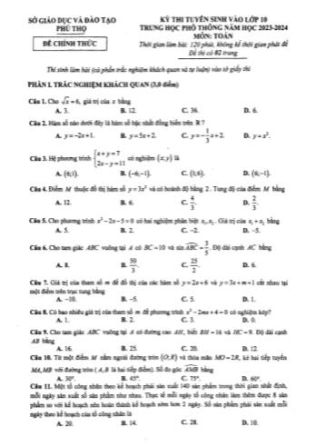 Kỳ thi tuyển sinh vào Lớp 10 THPT môn Toán - Năm học 2023-2024 - Trường THCS Văn Lang (Có đáp án)