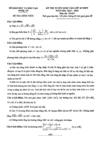 Kỳ thi tuyển sinh vào Lớp 10 THPT môn Toán - Năm học 2023-2024 - Sở GD&ĐT Nghệ An
