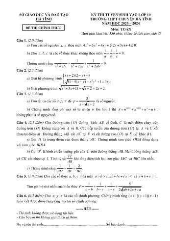 Kỳ thi tuyển sinh vào Lớp 10 trường THPT chuyên Hà Tĩnh môn Toán - Năm học 2023-2024 - Sở GD&ĐT Hà Tĩnh (Có đáp án)