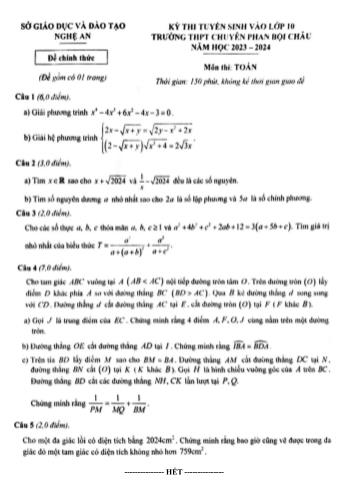 Kỳ thi tuyển sinh vào Lớp 10 trường THPT chuyên Phan Bội Châu môn Toán - Năm học 2023-2024 - Sở GD&ĐT Nghệ An (Có lời giải)