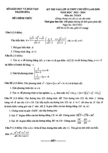 Kỳ thi vào Lớp 10 THPT chuyên Lam Sơn môn Toán (Chung) - Năm học 2023-2024 - Sở GD&ĐT Thanh Hóa
