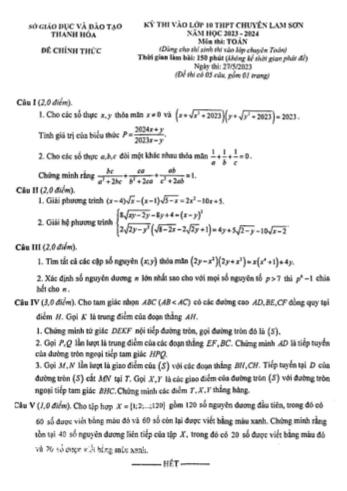 Kỳ thi vào Lớp 10 THPT chuyên Lam Sơn môn Toán (Chuyên Toán) - Năm học 2023-2024 - Sở GD&ĐT Thanh Hóa