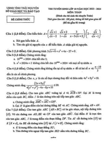 Thi tuyển sinh vào Lớp 10 môn Toán - Năm học 2023-2024 - Sở GD&ĐT Thái Nguyên