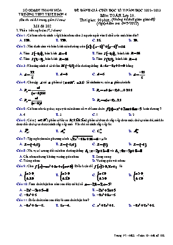 Đề đánh giá cuối học kì 2 Toán Lớp 10 - Mã đề 102 - Năm học 2022-2023 - Trường THPT Triệu Sơn 4 (Có đáp án)