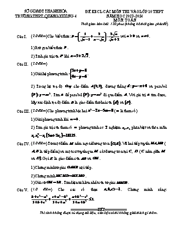 Đề khảo sát chất lượng thi vào Lớp 10 THPT môn Toán - Năm học 2023-2024 - Trường THPT Quảng Xương 4 (Có hướng dẫn chấm)