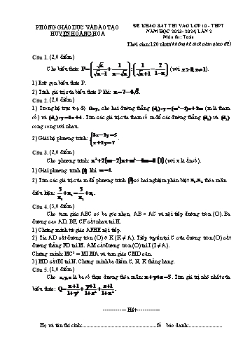 Đề khảo sát thi vào Lớp 10 môn Toán (Lần 2) - Năm học 2023-2024 - Sở GD&ĐT Hoằng Hóa (Có hướng dẫn chấm)