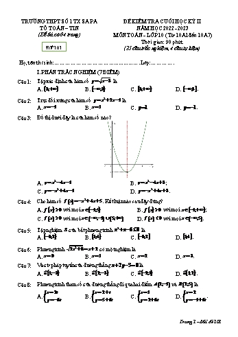 Đề kiểm tra cuối học kì 2 Toán Lớp 10 - Đề 101 - Năm học 2022-2023 - Trường THPT số 1 Thị xã Sa Pa