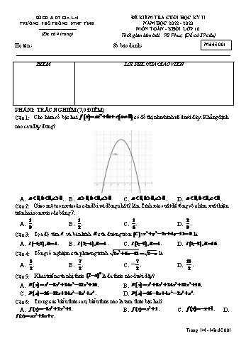 Đề kiểm tra cuối học kì 2 Toán Lớp 10 - Mã đề 001 - Năm học 2022-2023 - Trường Phổ thông DTNT Gia Lai (Có đáp án)