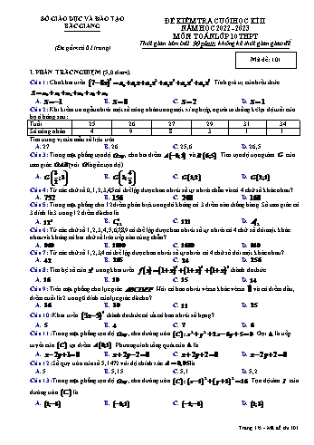 Đề kiểm tra cuối học kì 2 Toán Lớp 10 - Mã đề 101 - Năm học 2022-2023 - Sở GD&ĐT Bắc Giang (Có hướng dẫn chấm)