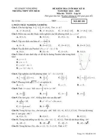 Đề kiểm tra cuối học kì 2 Toán Lớp 10 - Mã đề 101 - Năm học 2022-2023 - Trường THPT Yên Mô B