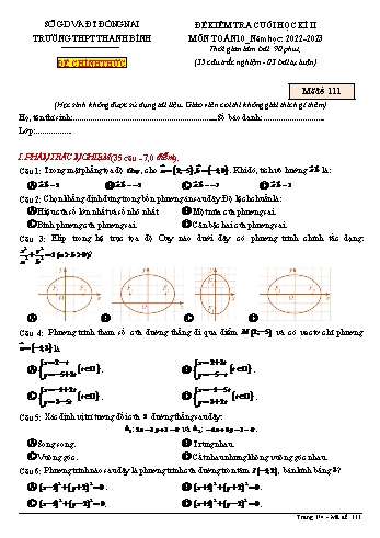 Đề kiểm tra cuối học kì 2 Toán Lớp 10 - Mã đề 111 - Năm học 2022-2023 - Trường THPT Thanh Bình (Có đáp án)