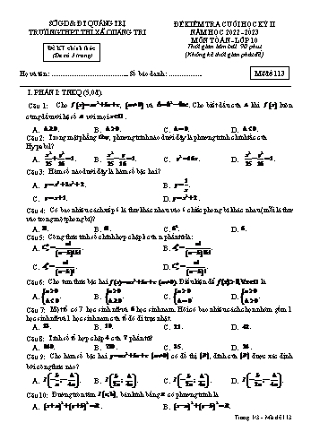 Đề kiểm tra cuối học kì 2 Toán Lớp 10 - Mã đề 113 - Năm học 2022-2023 - Trường THPT Thị xã Quảng Trị (Có đáp án)