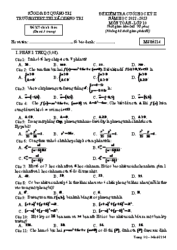 Đề kiểm tra cuối học kì 2 Toán Lớp 10 - Mã đề 214 - Năm học 2022-2023 - Trường THPT Thị xã Quảng Trị (Có đáp án)