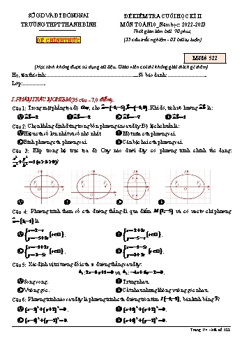 Đề kiểm tra cuối học kì 2 Toán Lớp 10 - Mã đề 522 - Năm học 2022-2023 - Trường THPT Thanh Bình (Có đáp án)