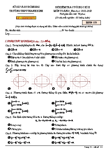 Đề kiểm tra cuối học kì 2 Toán Lớp 10 - Mã đề 939 - Năm học 2022-2023 - Trường THPT Thanh Bình (Có đáp án)