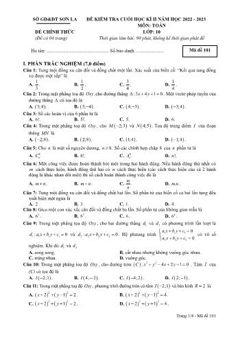 Đề kiểm tra cuối học kì 2 Toán Lớp 10 - Năm học 2022-2023 - Sở GD&ĐT Sơn La (Có hướng dẫn chấm)