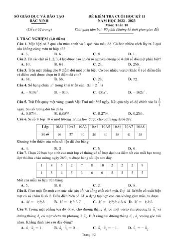Đề kiểm tra cuối học kì 2 Toán Lớp 10 - Năm học 2022-2023 - Sở GD&ĐT Bắc Ninh (Có hướng dẫn chấm)