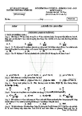 Đề kiểm tra cuối kì 2 Toán Lớp 10 - Mã đề 001 - Năm học 2022-2023 - Trường THPT Mạc Đĩnh Chi