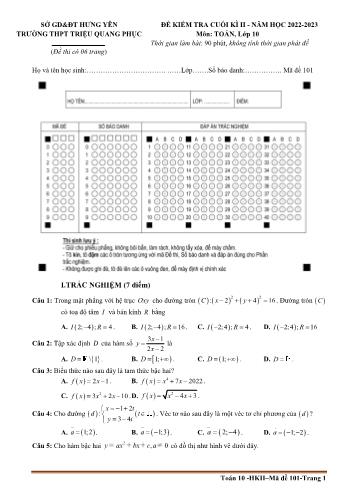 Đề kiểm tra cuối kì 2 Toán Lớp 10 - Mã đề 101 - Năm học 2022-2023 - Trường THPT Triệu Quang Phục (Có đáp án)