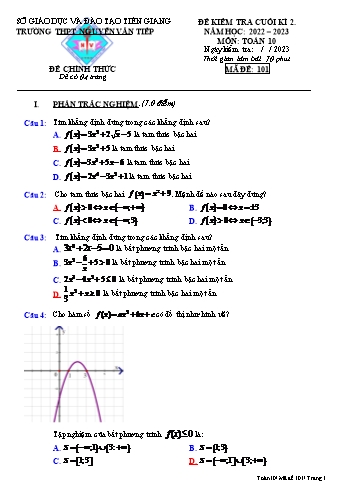 Đề kiểm tra cuối kì 2 Toán Lớp 10 - Mã đề 101 - Năm học 2022-2023 - Trường THPT Nguyễn Văn Tiếp (Có đáp án)