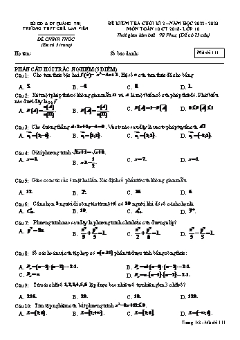 Đề kiểm tra cuối kì 2 Toán Lớp 10 - Mã đề 111 - Năm học 2022-2023 - Trường THPT Chế Lan Viên (Có đáp án)