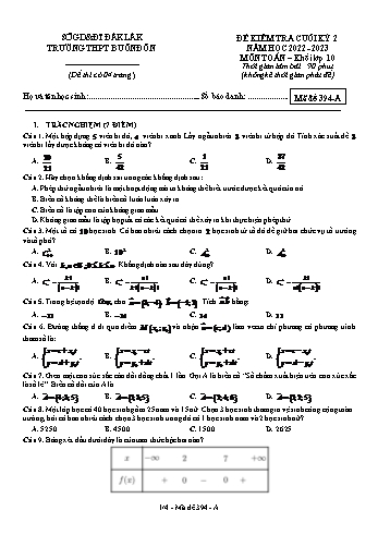 Đề kiểm tra cuối kì 2 Toán Lớp 10 - Mã đề 394.A - Năm học 2022-2023 - Trường THPT Buôn Đôn (Có đáp án)