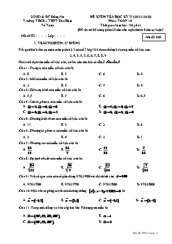 Đề kiểm tra học kì 2 Toán Lớp 10 - Mã đề 005 - Năm học 2022-2023 - Trường THPT Bàu Hàm (Có đáp án)