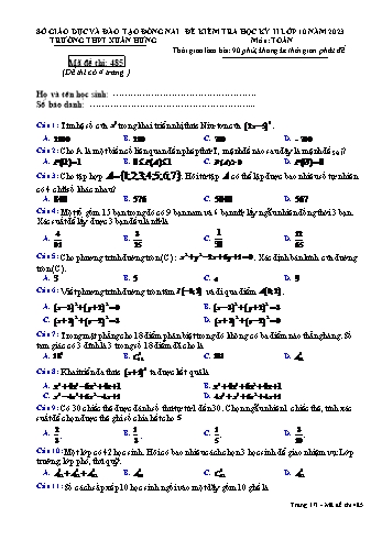Đề kiểm tra học kì 2 Toán Lớp 10 - Mã đề 485 - Năm học 2022-2023 - Trường THPT Xuân Hưng (Có đáp án)