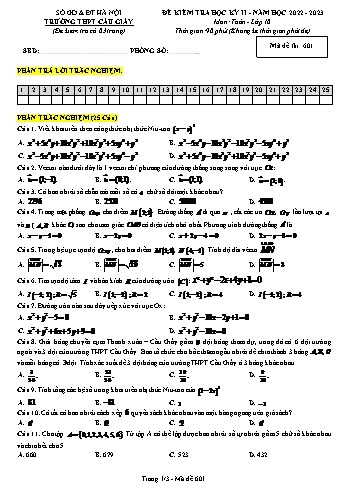 Đề kiểm tra học kì 2 Toán Lớp 10 - Mã đề 601 - Năm học 2022-2023 - Trường THPT Cầu Giấy (Có đáp án)
