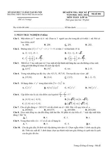 Đề kiểm tra học kì 2 Toán Lớp 10 - Năm học 2022-2023 - Trường THPT Trần Phú (Có đáp án)
