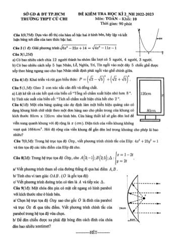 Đề kiểm tra học kì 2 Toán Lớp 10 - Năm học 2022-2023 - Trường THPT Củ Chi