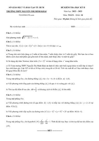Đề kiểm tra học kì 2 Toán Lớp 10 - Năm học 2022-2023 - Trường THPT Nguyễn Thị Minh Khai (Có đáp án và biểu điểm)