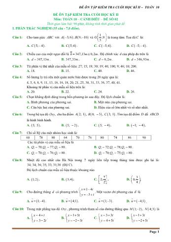 Đề ôn tập kiểm tra cuối học kì 2 Toán Lớp 10 (Sách Cánh diều) - Đề số 2 (Có hướng dẫn giải chi tiết)