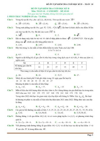 Đề ôn tập kiểm tra cuối học kì 2 Toán Lớp 10 (Sách Cánh diều) - Đề số 9 (Có hướng dẫn giải chi tiết)