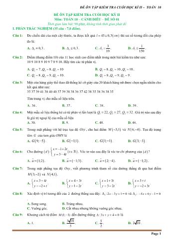 Đề ôn tập kiểm tra cuối học kì 2 Toán Lớp 10 (Sách Cánh diều) - Đề số 1 (Có hướng dẫn giải chi tiết)