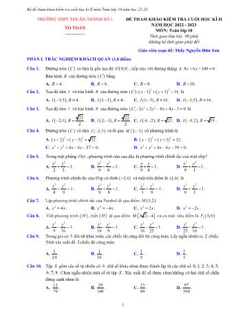Đề tham khảo kiểm tra cuối học kì 2 Toán Lớp 10 - Năm học 2022-2023 - Trường THPT Thuận Thành số 1