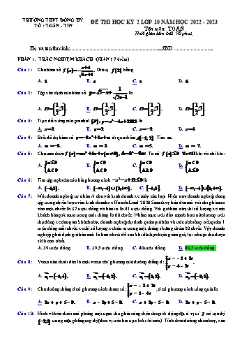 Đề thi học kì 2 Toán Lớp 10 - Đề chẵn - Năm học 2022-2023 - Trường THPT Đồng Hỷ (Có đáp án)