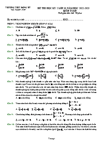 Đề thi học kì 2 Toán Lớp 10 - Đề lẻ - Năm học 2022-2023 - Trường THPT Đồng Hỷ (Có đáp án)