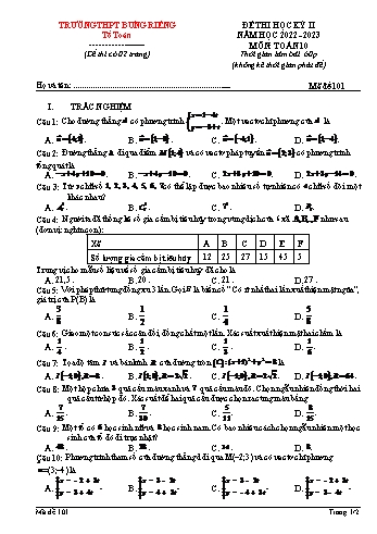 Đề thi học kì 2 Toán Lớp 10 - Mã đề 101 - Năm học 2022-2023 - Trường THPT Bưng Riềng (Có đáp án)