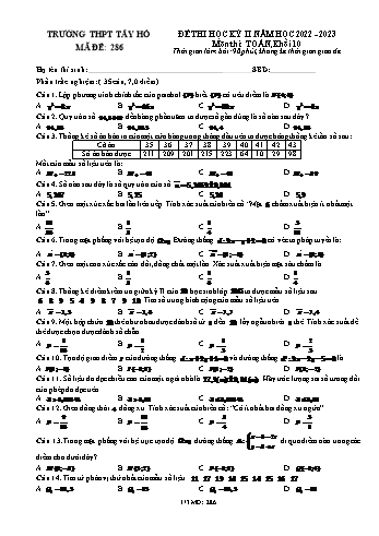 Đề thi học kì 2 Toán Lớp 10 - Mã đề 286 - Năm học 2022-2023 - Trường THPT Tây Hồ (Có đáp án)