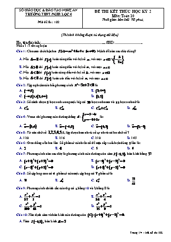 Đề thi kết thúc học kì 2 Toán Lớp 10 - Mã đề 102 - Trường THPT Nghi Lộc 4