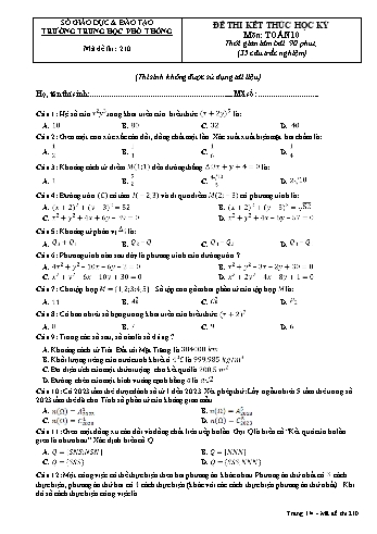 Đề thi kết thúc học kì 2 Toán Lớp 10 - Mã đề 210 - Năm học 2022-2023 - Trường THPT Phan thúc Trực