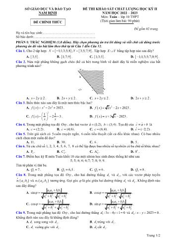 Đề thi khảo sát chất lượng học kì 2 Toán Lớp 10 - Năm học 2022-2023 - Sở GD&ĐT Nam Định (Có hướng dẫn chấm)