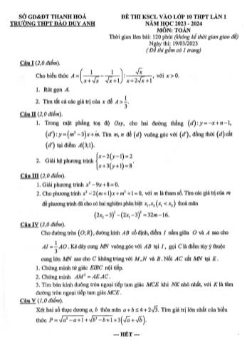 Đề thi khảo sát chất lượng vào Lớp 10 THPT môn Toán (Lần 1) - Năm học 2023-2024 - Trường THPT Đào Duy Anh
