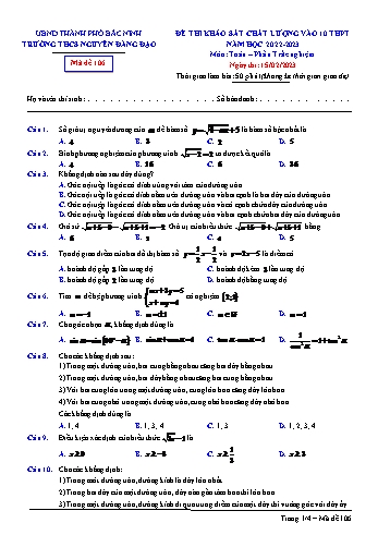 Đề thi khảo sát chất lượng vào Lớp 10 THPT môn Toán - Mã đề 106 - Năm học 2022-2023 - Trường THCS Nguyễn Đăng Đạo (Phần trắc nghiệm)